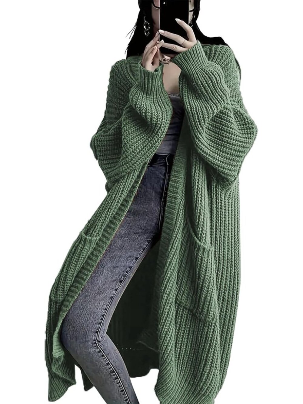 Women's Green Long Cardigan Sweaters Chunky Knit Open Front Pockets Duster Coats